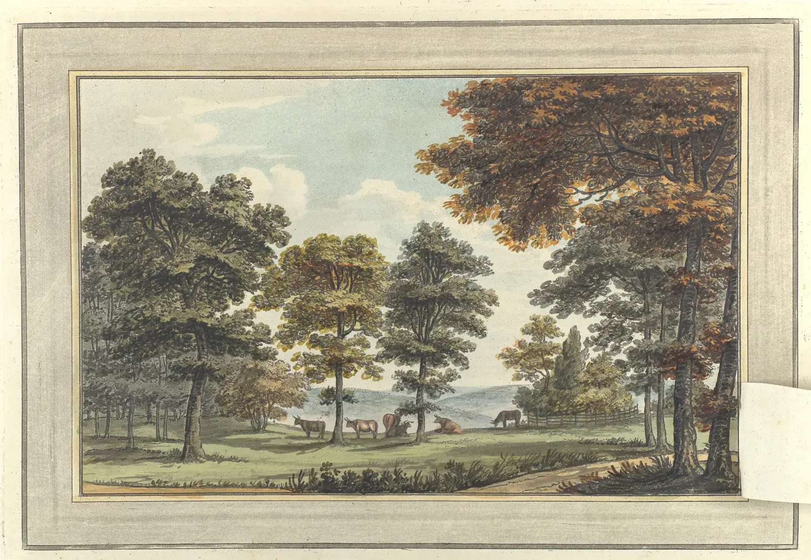 English landscape plate from Repton's 1795 book, overlay turned back: open parkland with grazing cattle, trees and far hills