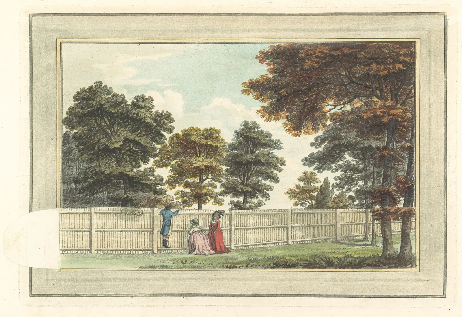 English landscape plate from Repton's 1795 book, overlay in place: three figures stand at a tall paling fence below trees
