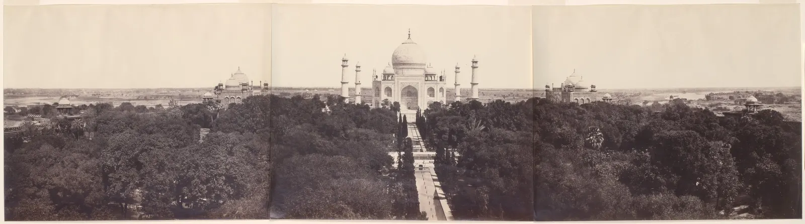 Chahar bagh of the Taj Mahal in 1864: a long central water channel and raised tank lead between trees to the domed tomb