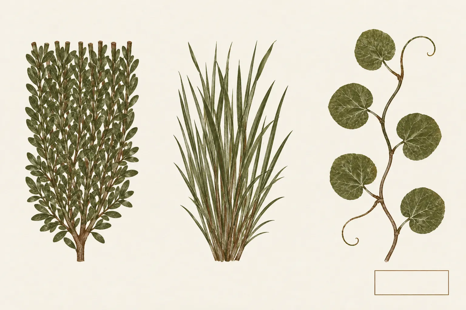 Illustration: a clipped evergreen sprig, a tuft of grass and a length of vine, three garden plant materials side by side