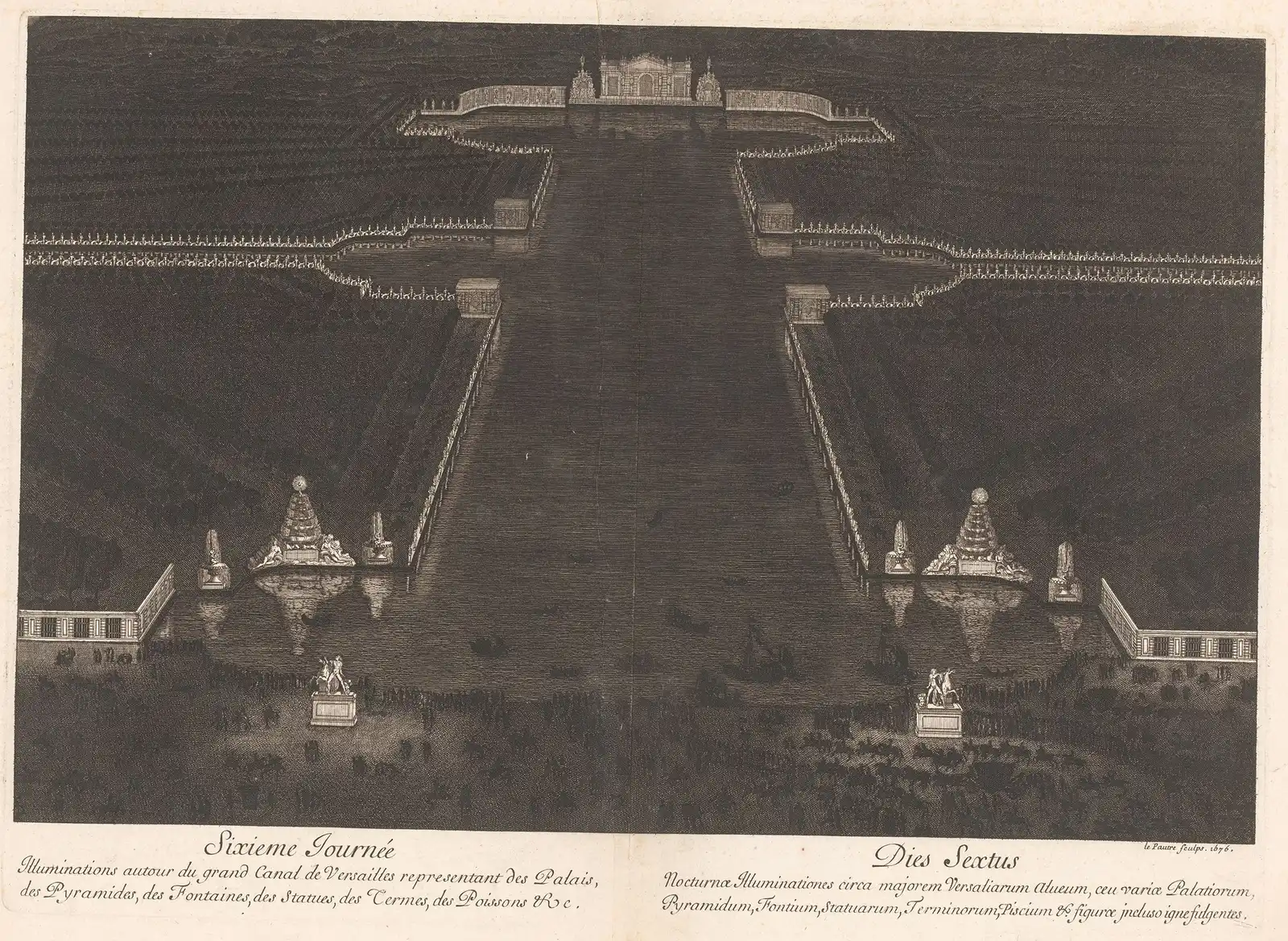 French formal garden at Versailles in a 1676 etching: lights outline the Grand Canal, its pyramids and statues at night
