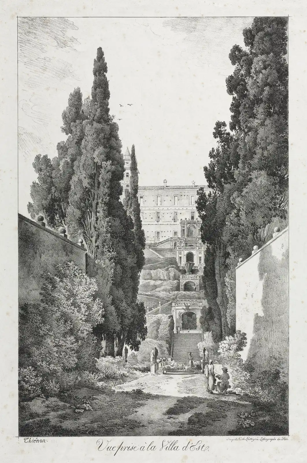 Italian terraces at Villa d'Este in an 1817 lithograph: stairs and fountains climb between tall trees to the villa