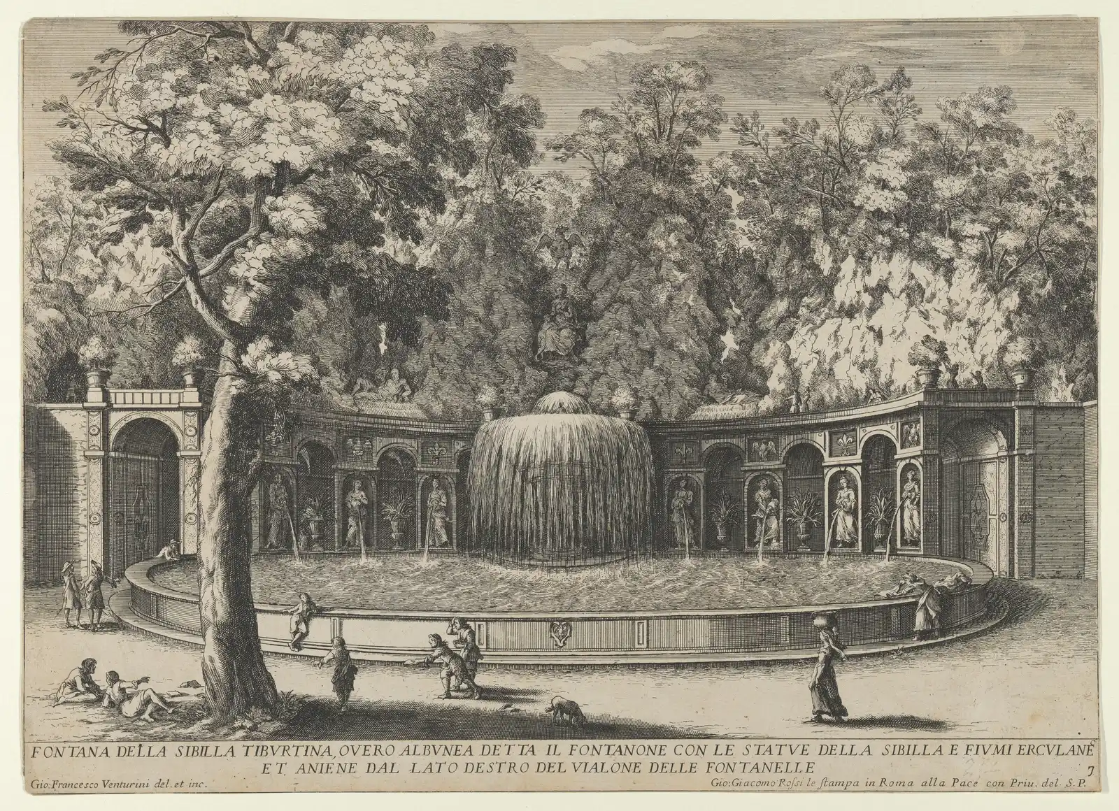 Oval Fountain of the Italian garden at Villa d'Este in a 17th-century etching: water falls into a basin before an arcade