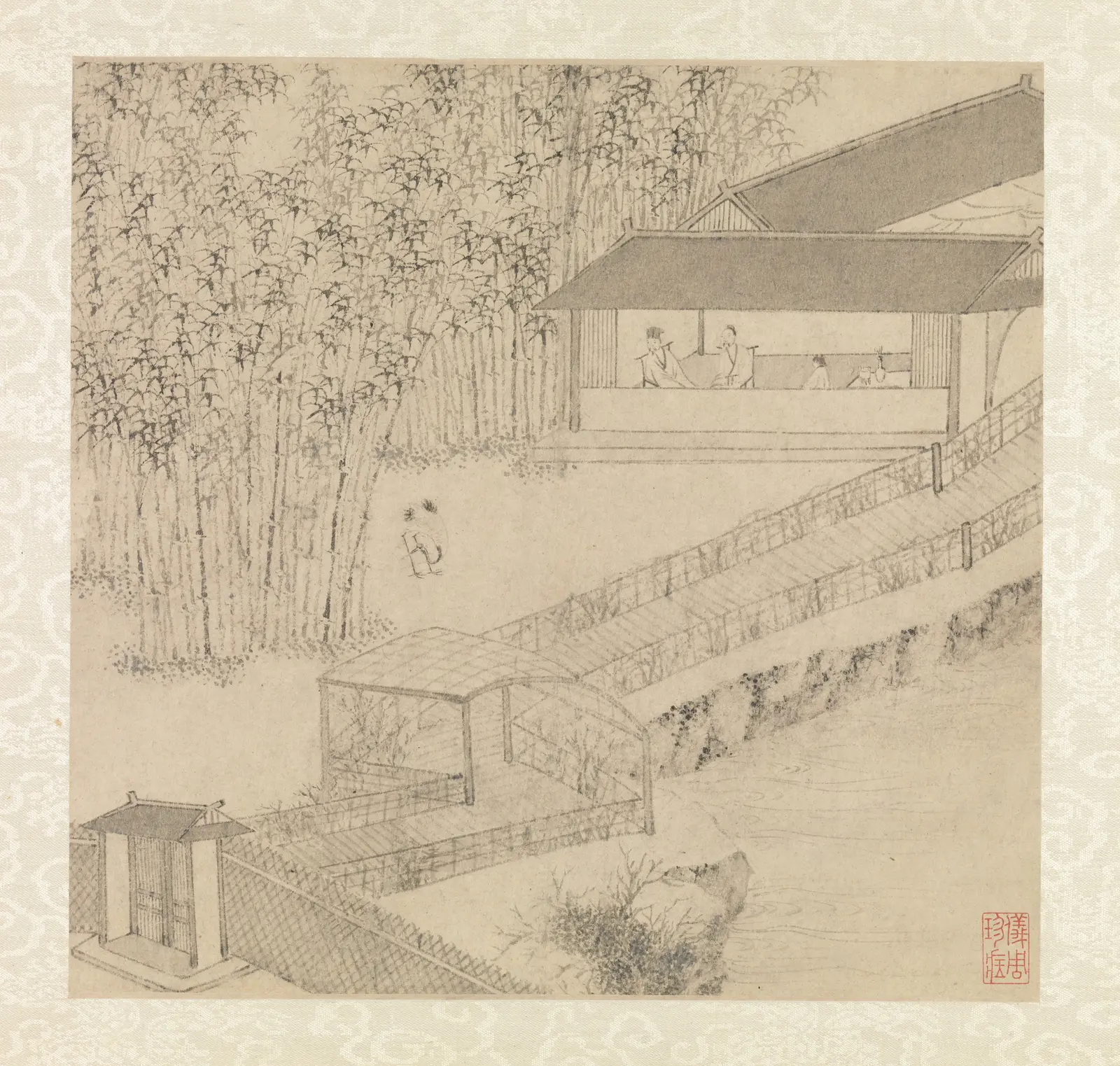 Chinese scholar garden in a 1551 ink painting by Wen Zhengming: a pavilion beside bamboo, fenced paths, a trellis and water