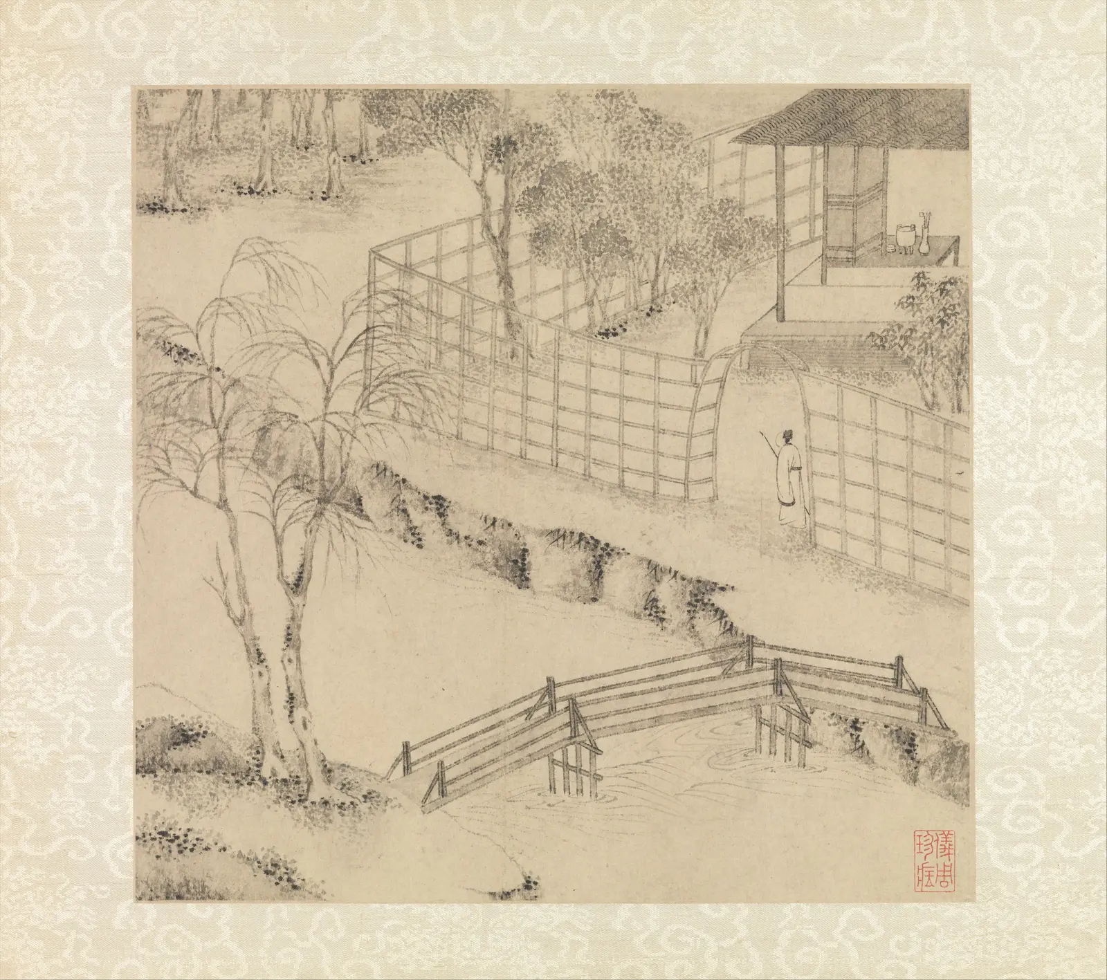 Chinese scholar garden in a 1551 album leaf: a robed figure stands between fences below a pavilion, near a bridge over water
