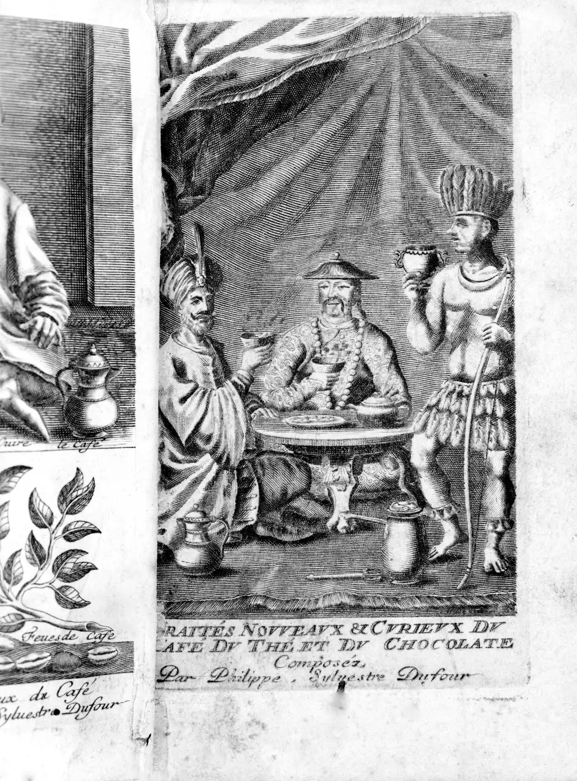 Engraving of three men round a table holding cups of coffee, tea and chocolate, the frontispiece of Dufour's coffee book