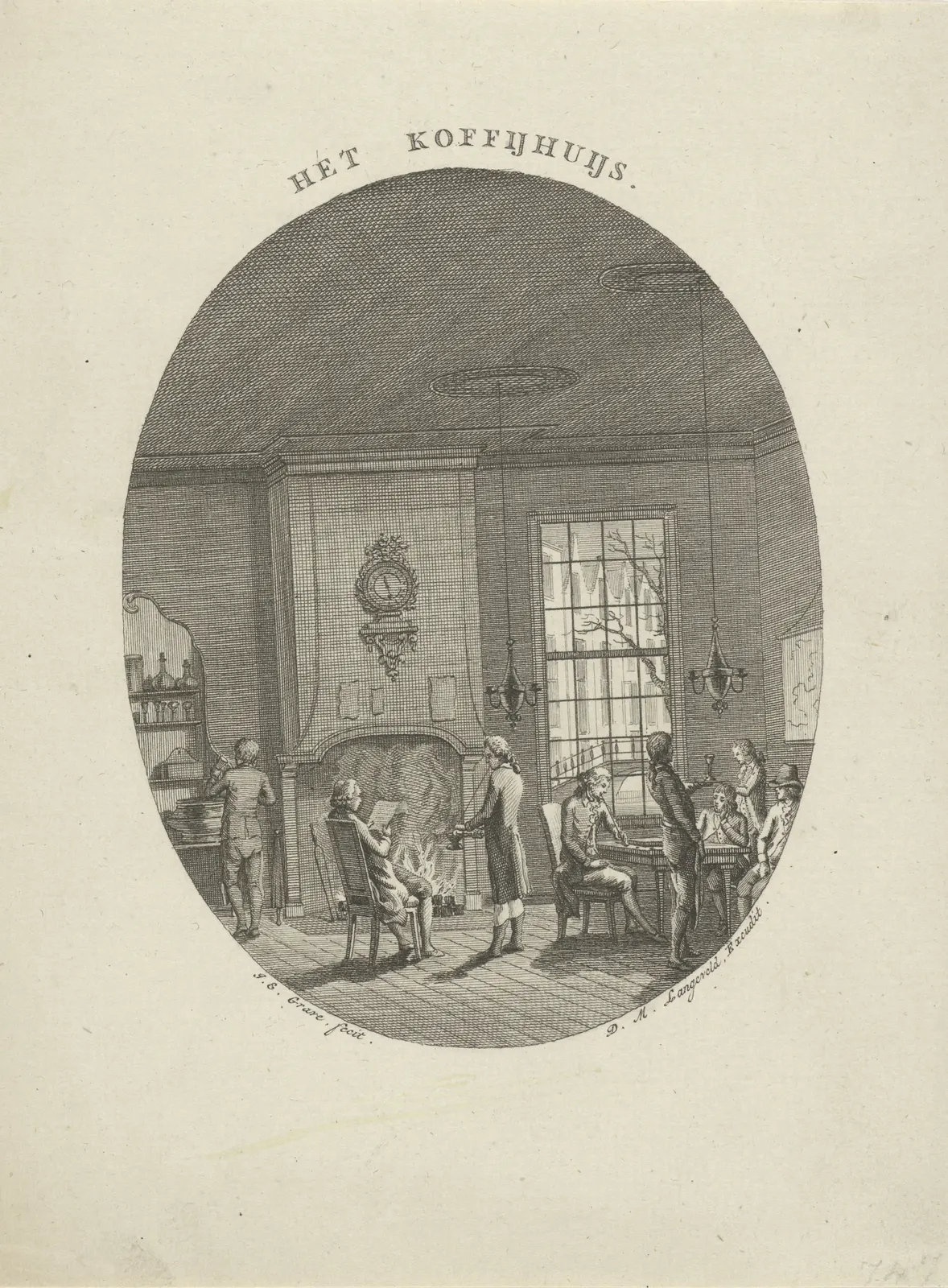 Print of a coffee-house room with men reading, smoking and drinking by a fire, in an oval frame