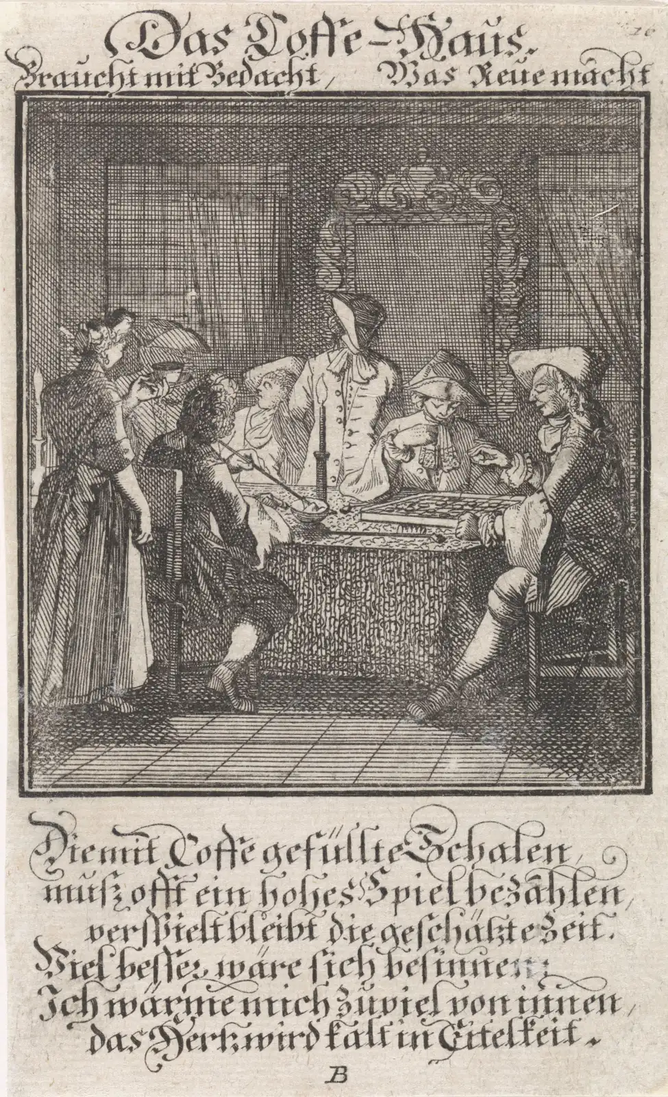 Etching of a coffee-house table with cups, a candle and long pipes, and German verses above and below