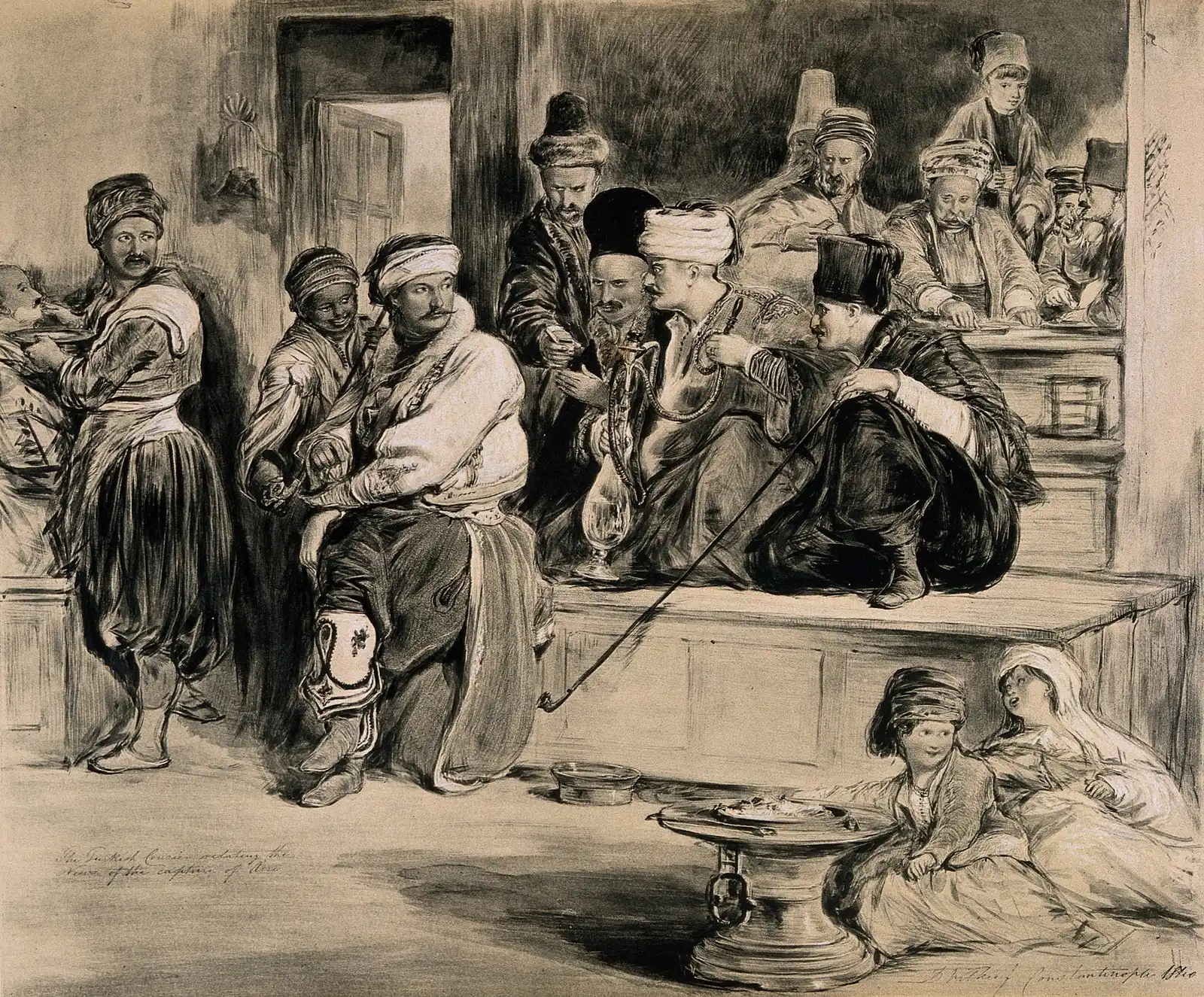 Lithograph of men in an 1840 Constantinople coffee house listening to a courier, with long pipes and a round metal stand