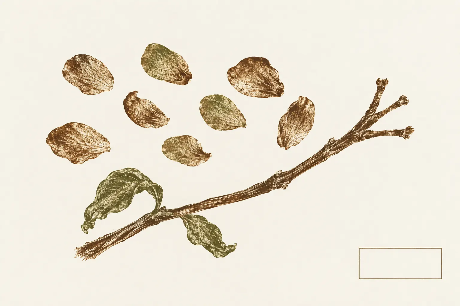 Illustration: a dried flowering stem with its flowers gone, two withered leaves near its foot and loose petals above it