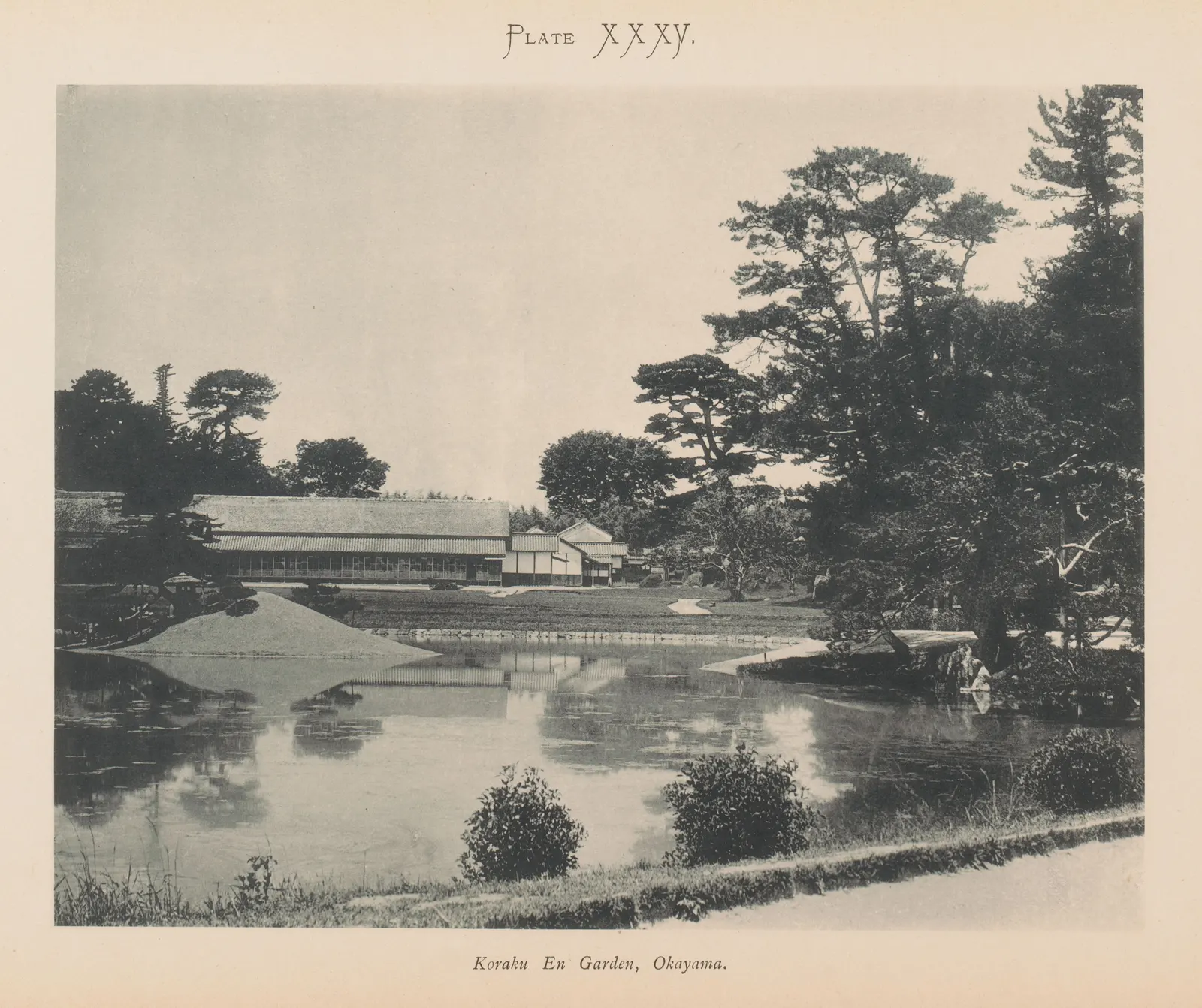 Japanese garden at Kōraku-en, Okayama, in an 1893 album: a still lake, a low grassy mound, long low buildings and tall trees