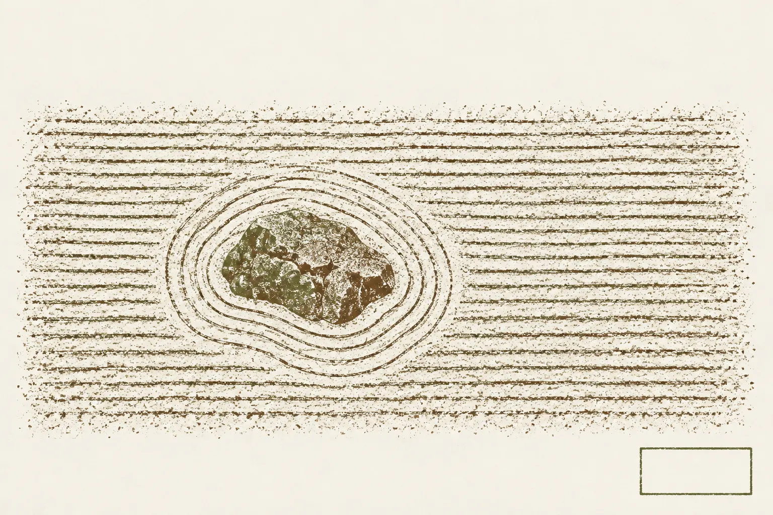 Illustration: raked gravel lines circling one stone, seen from above, as in a Japanese dry landscape garden