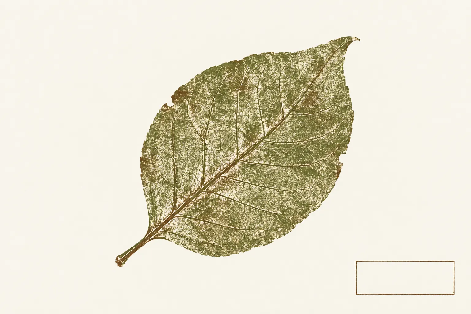 Illustration: a single pressed leaf printed in olive ink, its outline, edge and veins left unlabelled