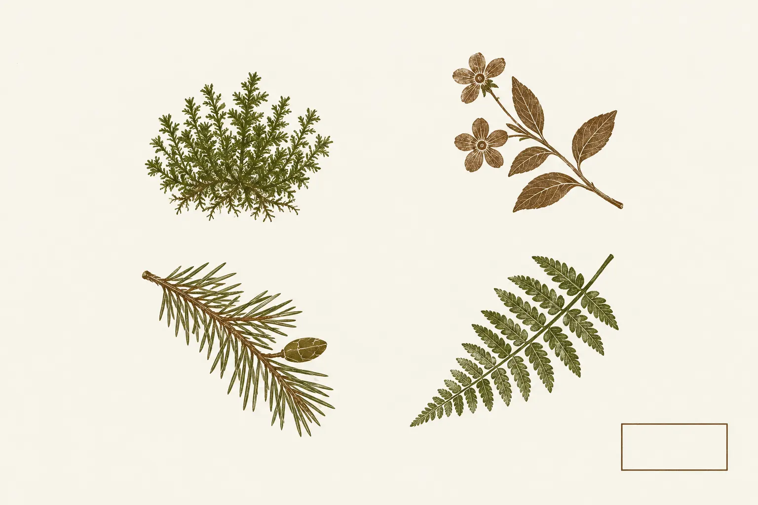 Illustration: pressed moss, flowering sprig, conifer sprig and fern from the plant tree of life, with no lines joining them