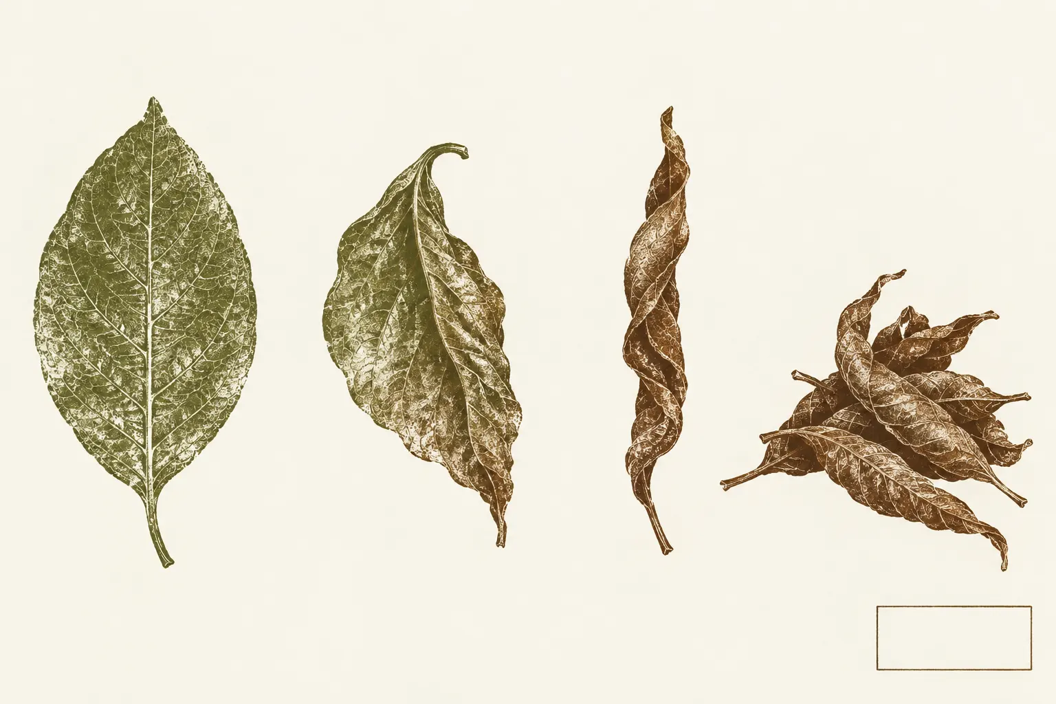 Illustration: an unnamed leaf in four panels, fresh, withered, rolled, and piled with others, as in tea processing