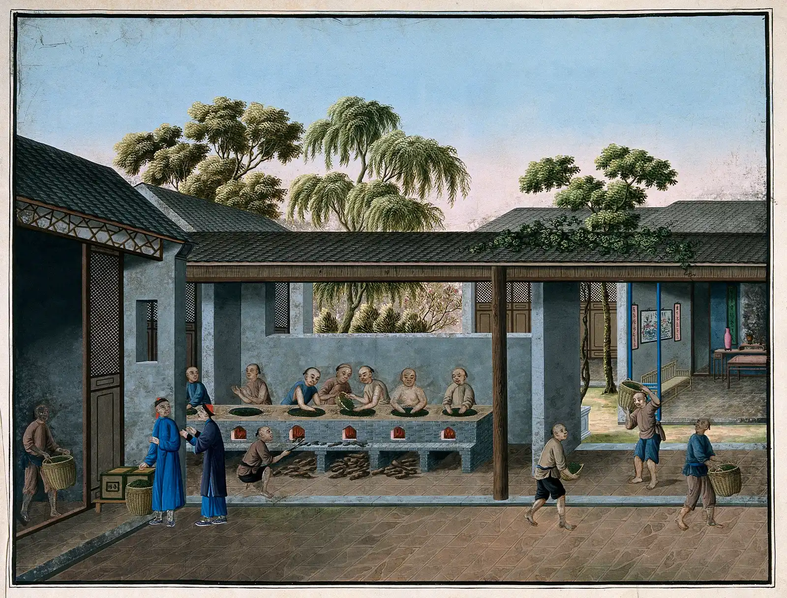 Painting of workers in China stirring tea leaves in pans set into a long stove, with fires burning beneath