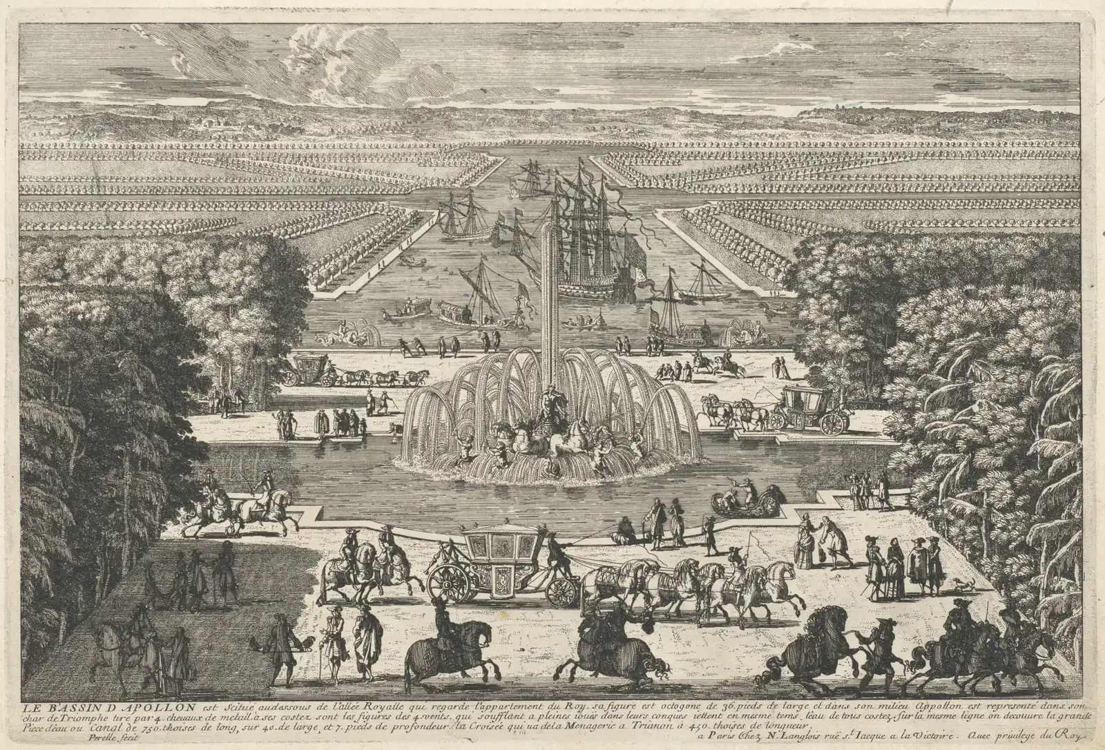 Etching of the Apollo fountain at Versailles, the sun god's chariot amid jets, with ships on the Grand Canal behind