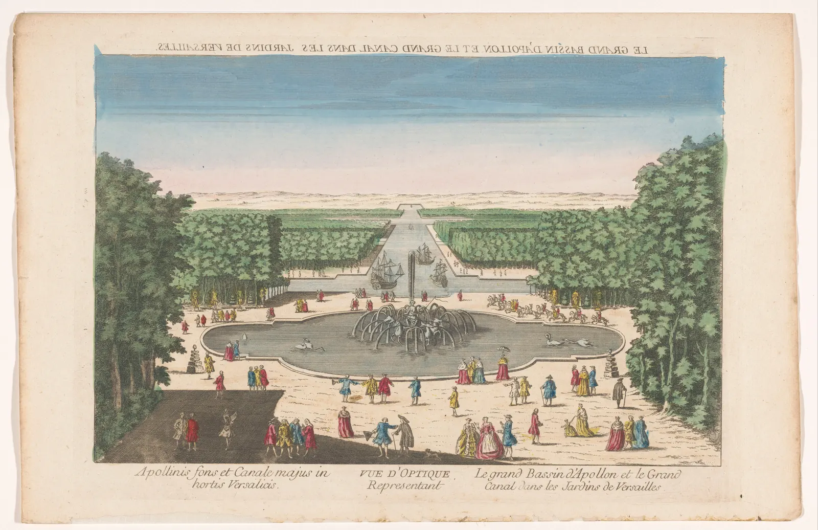 Hand-coloured print of the Apollo fountain at Versailles with sailing boats on the Grand Canal beyond, framed by tall trees
