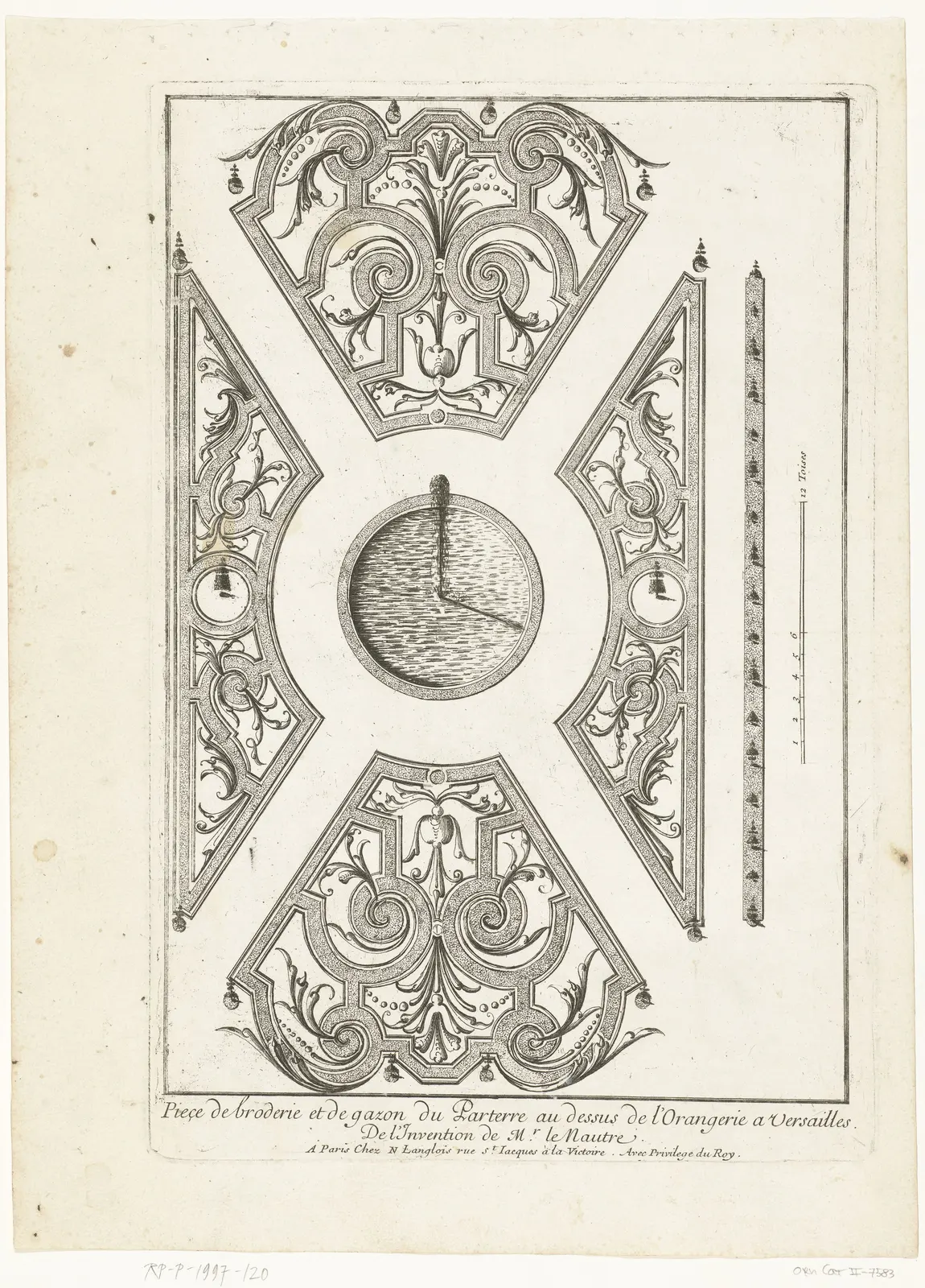 Etched parterre de broderie design above the Versailles Orangerie: scrolling bands around a round basin, scale in toises