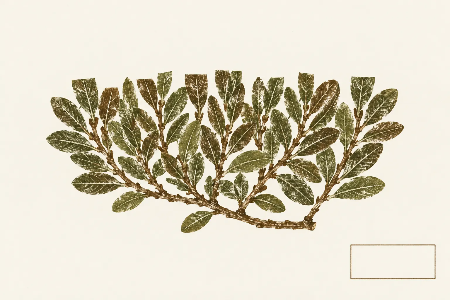Illustration: one clipped evergreen sprig pressed flat, its top leaves sheared straight across as on a parterre hedge