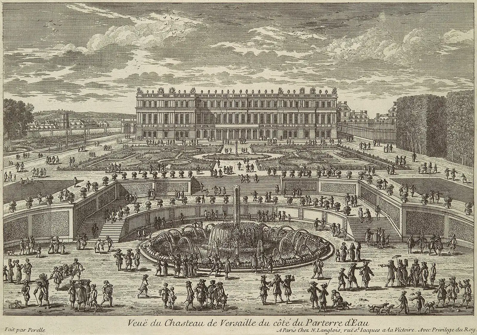 Etching of the palace of Versailles from the garden side, a fountain with arching jets below the terrace and patterned beds