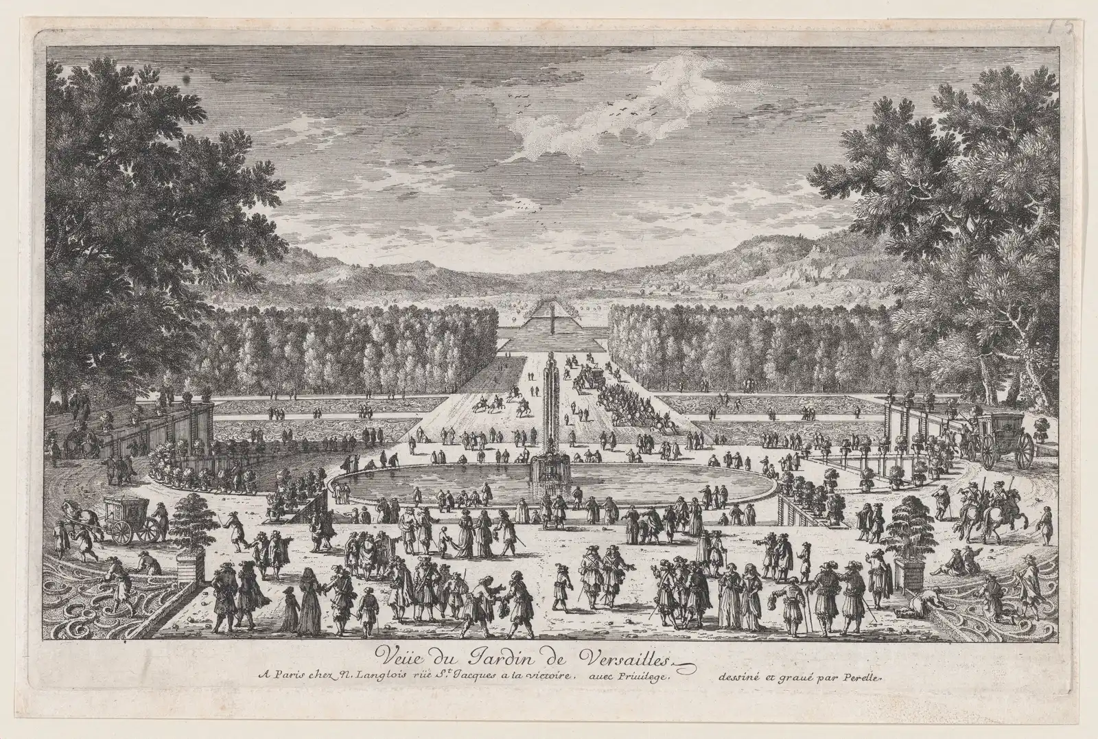 Etching of the gardens of Versailles seen down the central walk, past a round fountain and tree blocks to the distant canal