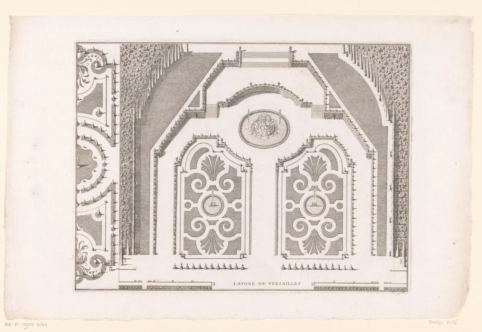 Etched plan of the Latona fountain at Versailles above two scroll-patterned parterres, with tree rows down both sides