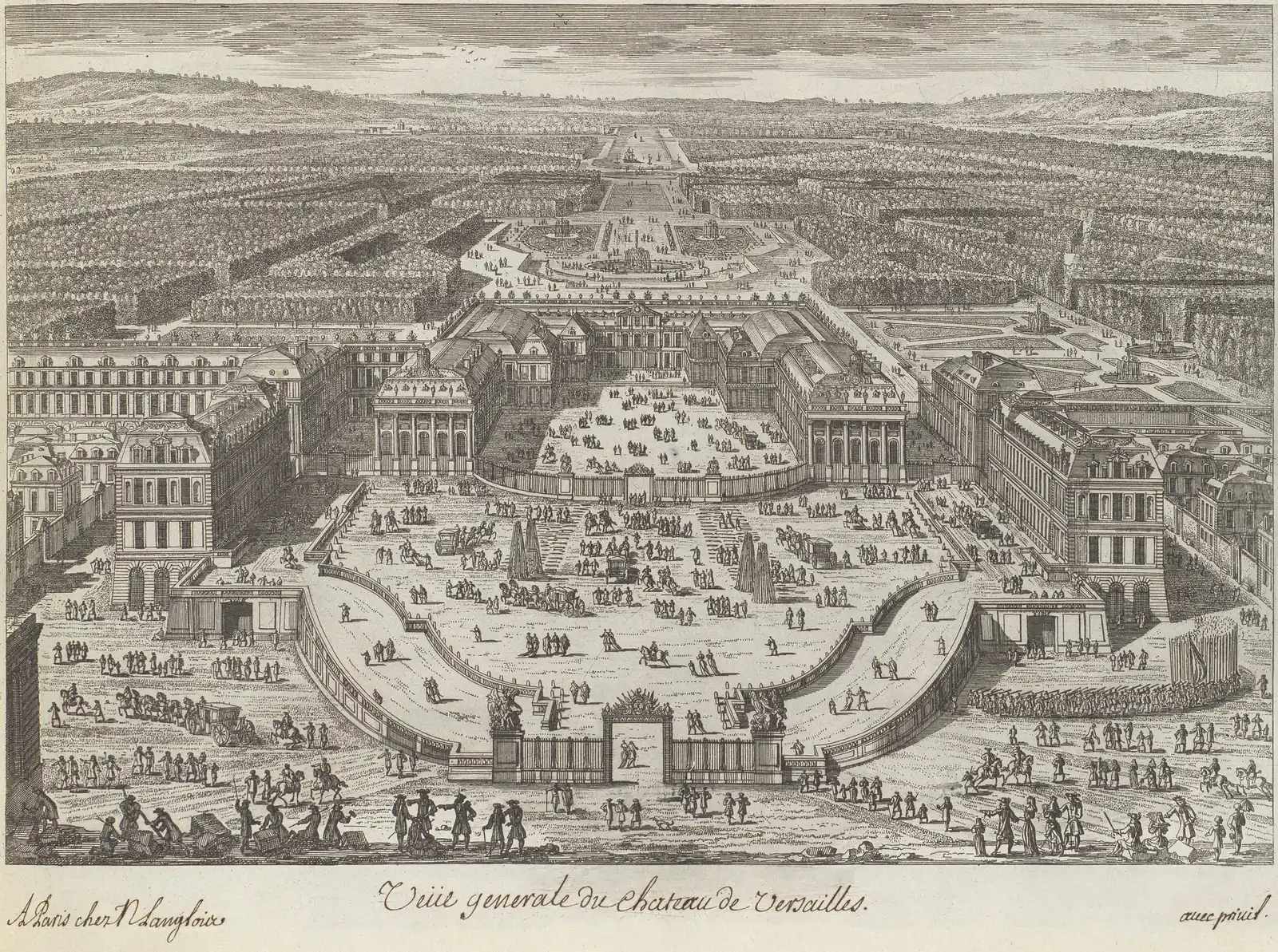 Etched bird's-eye view of the palace and gardens of Versailles from the forecourts, the long canal stretching away behind